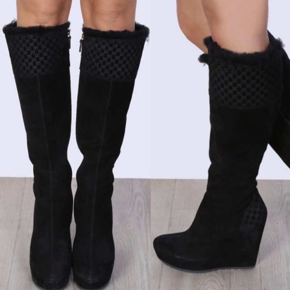 New GUCCI Black Suede Courtney Microguccissima Logo Wedge Knee High Boots 37.5